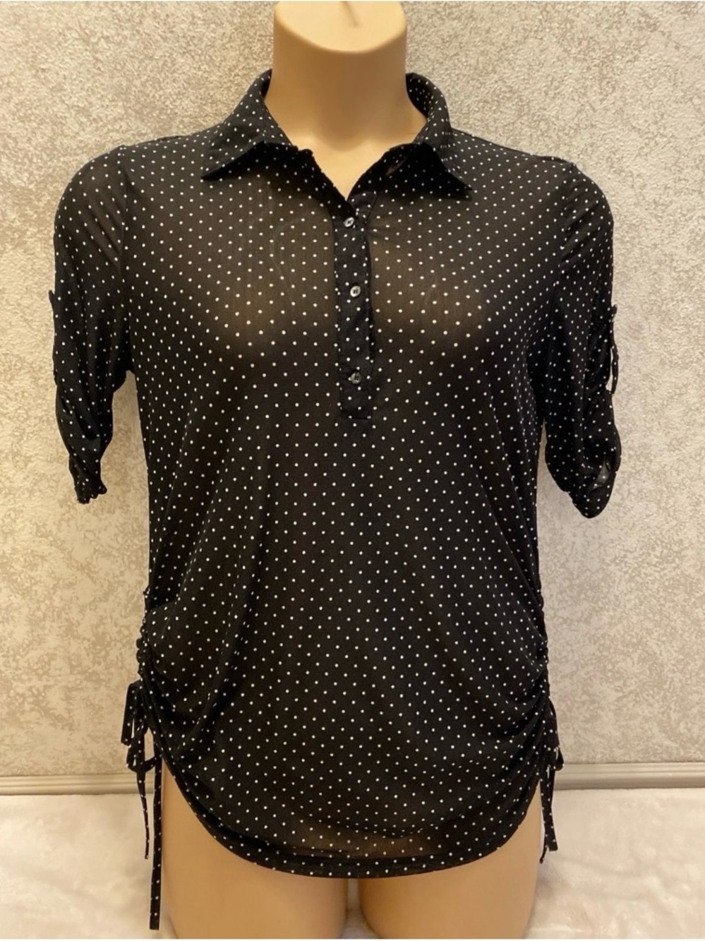 Polka Dot Short-Sleeve Blouse with Side Ties - Black/White